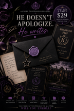 Promotional material for 'He Doesn't Apologize, He Writes' with envelopes, letters, and a book cover.