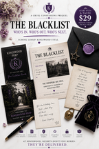 Promotional material for 'The Blacklist' with books, stationery, and a purple envelope.