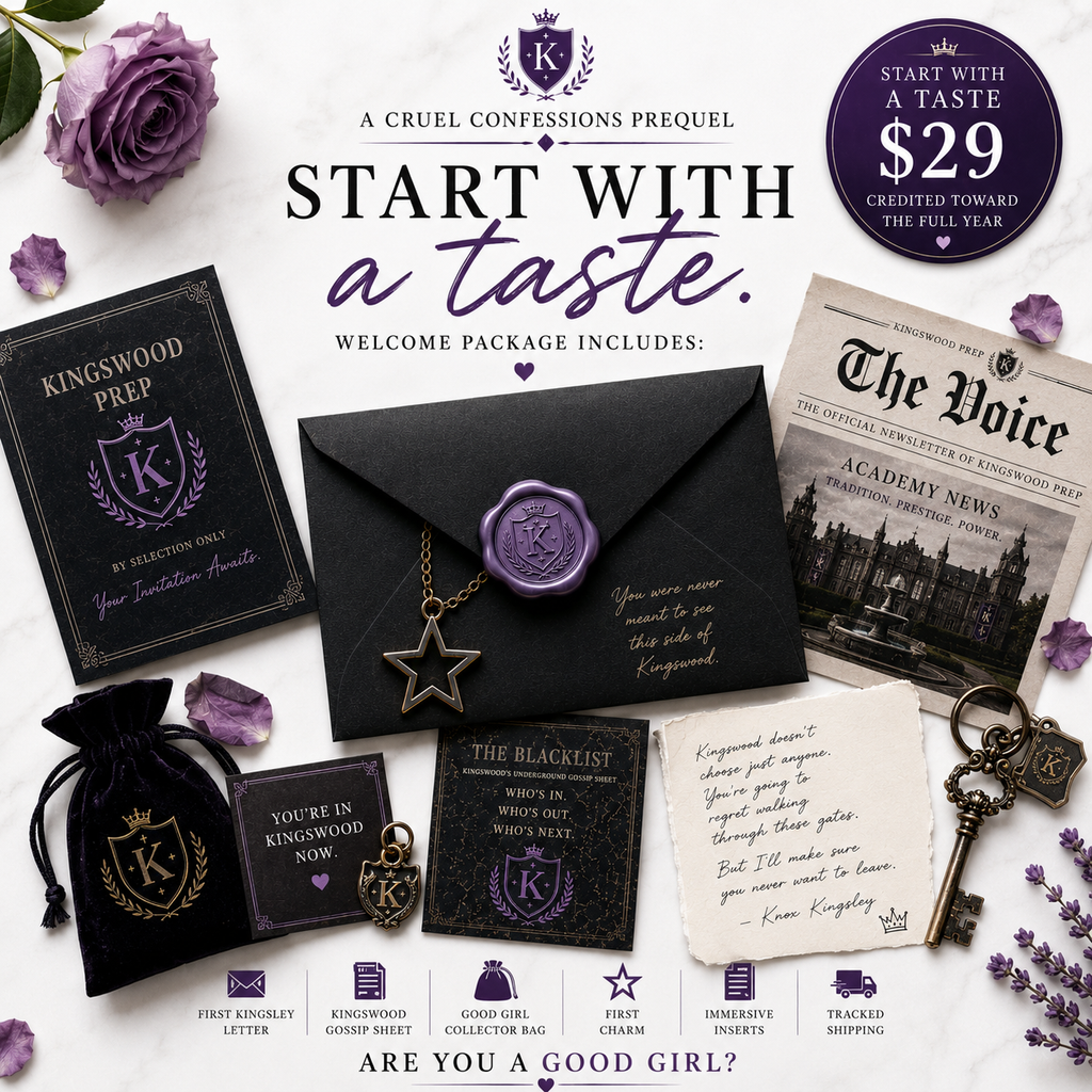 Promotional package for 'A Cruel Confessions Prequel' with stationery items and purple roses.