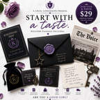 Promotional package for 'A Cruel Confessions Prequel' with stationery items and purple roses.