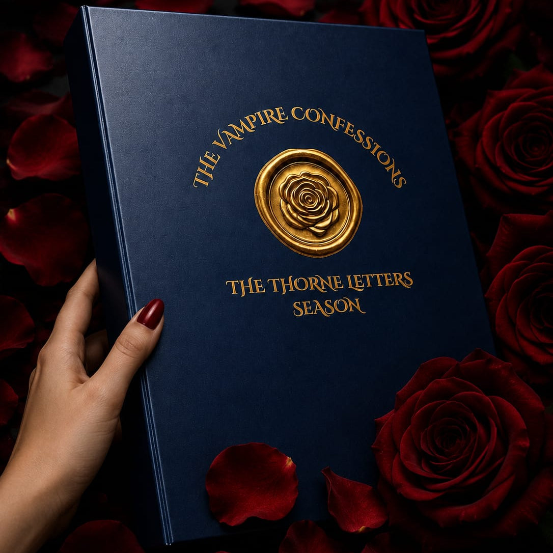 Book titled 'The Vampire Confessions: The Thorne Letters Season' held by a hand surrounded by red roses.