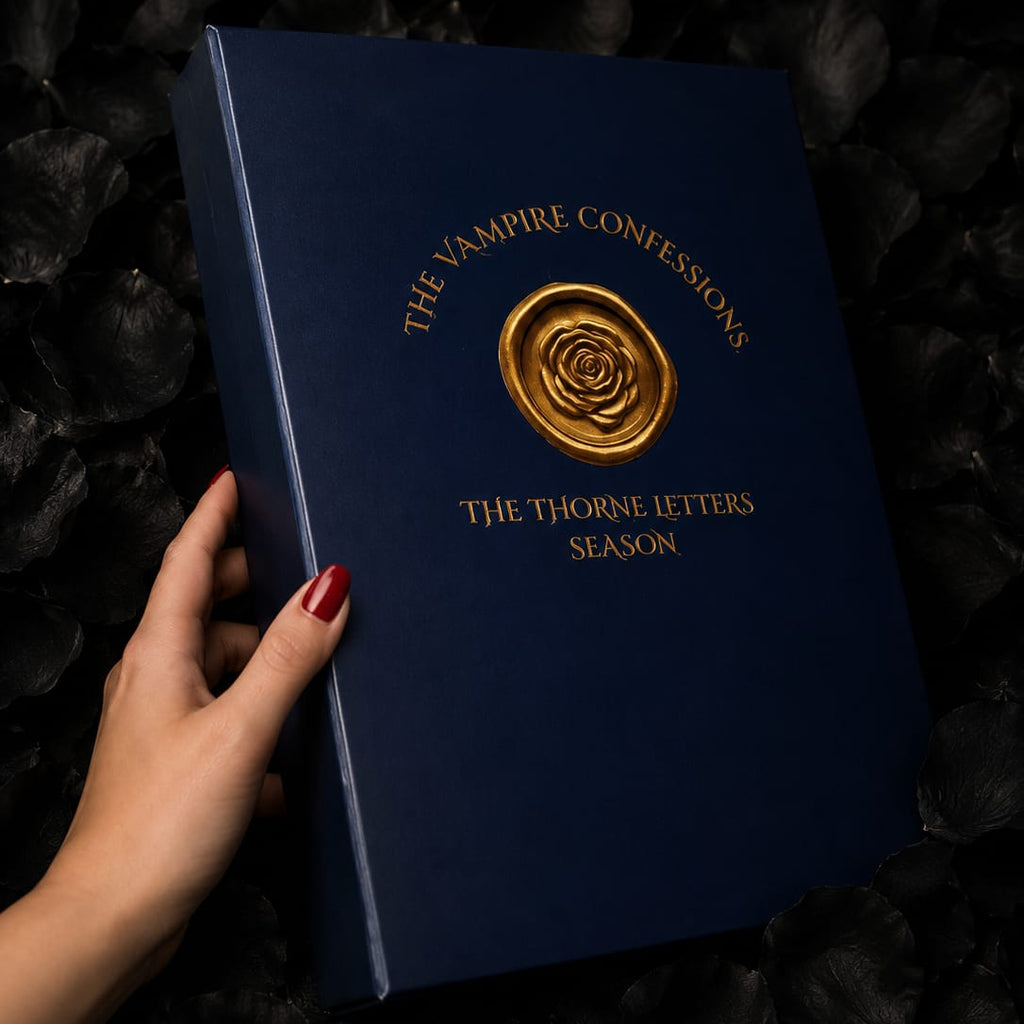 Blue book titled 'The Vampire Confessions: The Thorne Letters Season' held by a hand on a dark background