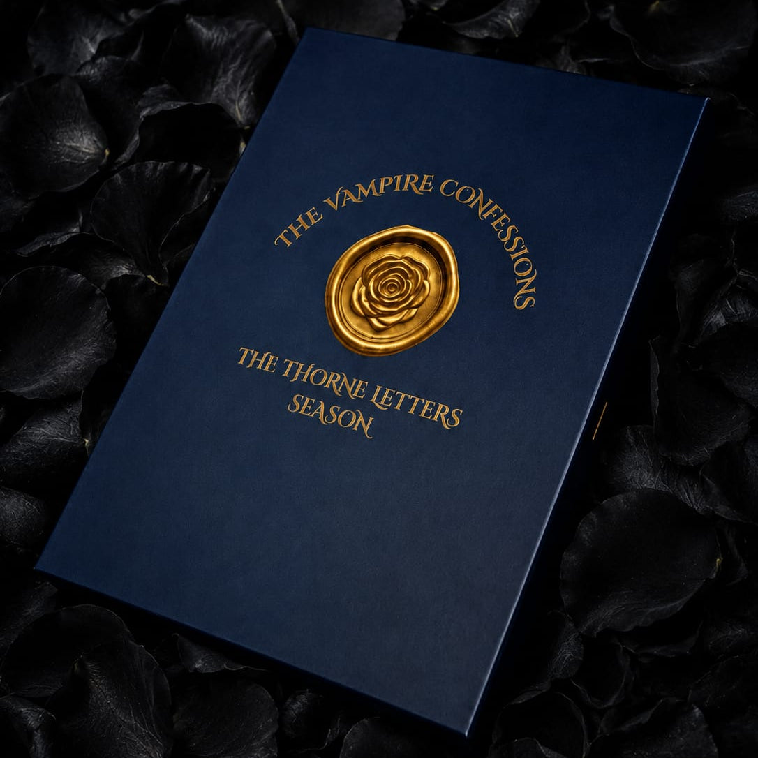 Blue book titled 'The Vampire Confessions' by The Thorne Letters on a dark textured background