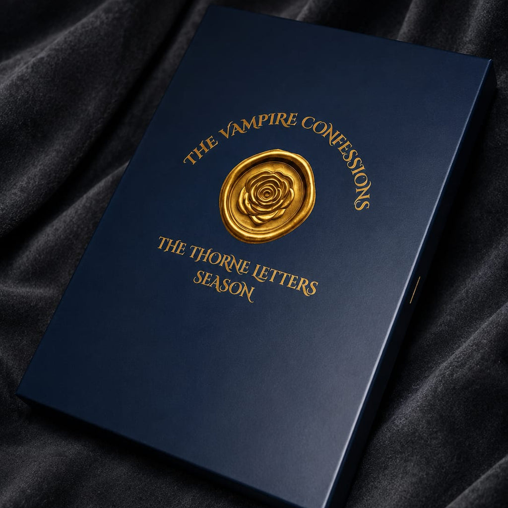 Dark blue book with gold embossed text and emblem on a black fabric background