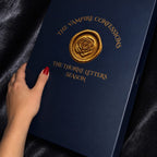 Blue book titled 'The Vampire Confessions' on a dark fabric background