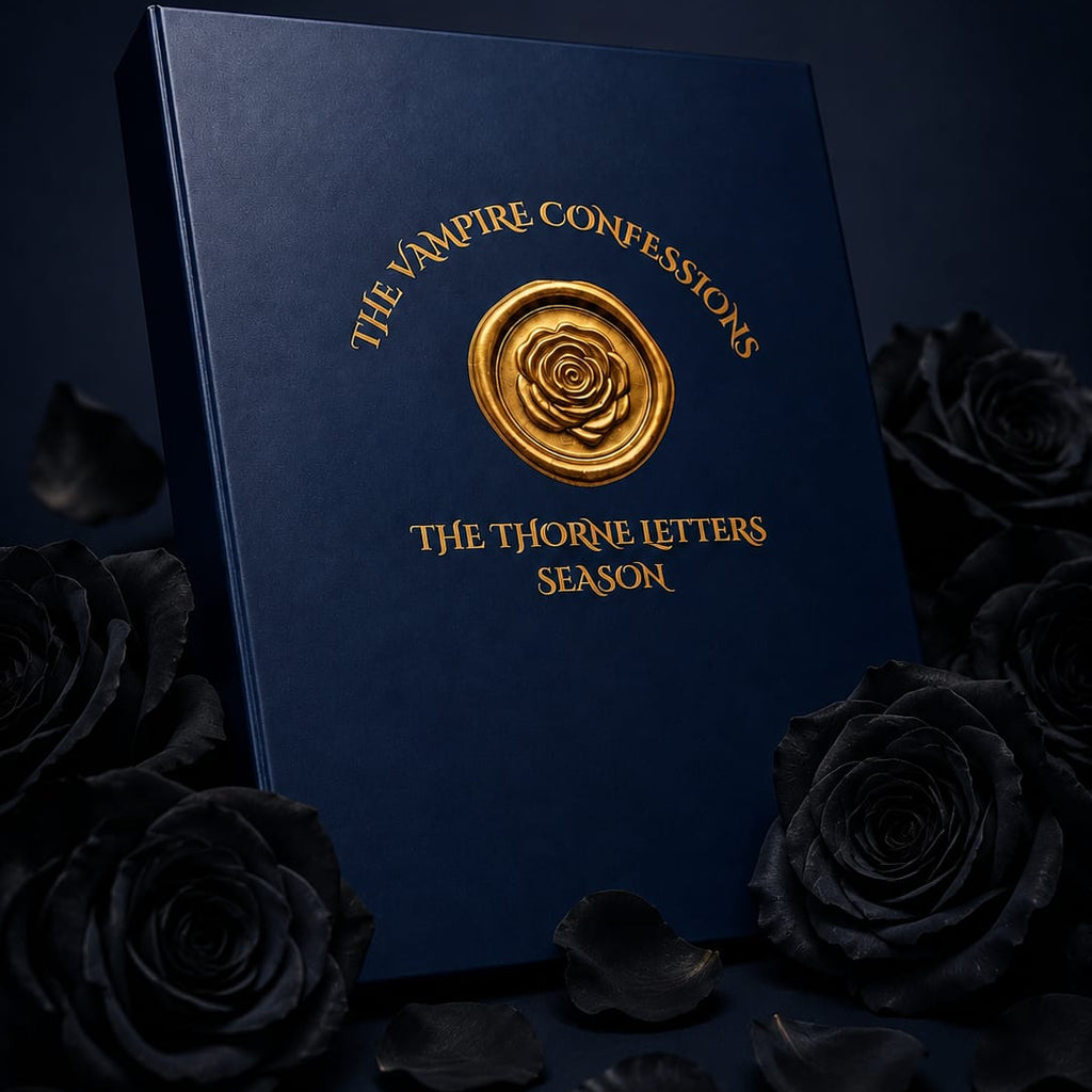 Blue book titled 'The Vampire Confessions: The Thorne Letters Season' with gold text and emblem, surrounded by black roses on a dark background.