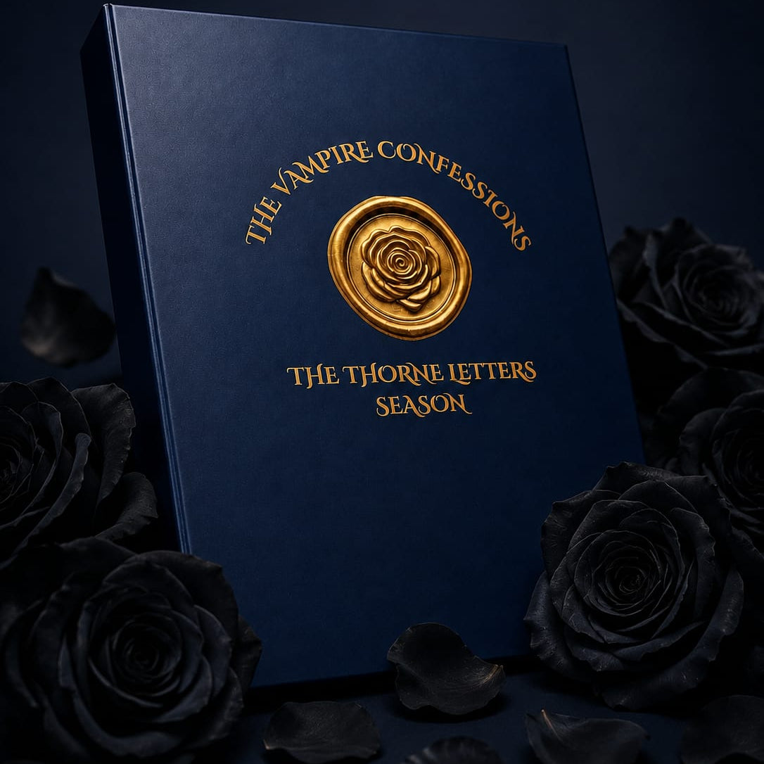 Blue book titled 'The Vampire Confessions: The Thorne Letters Season' with gold text and emblem, surrounded by black roses on a dark background.