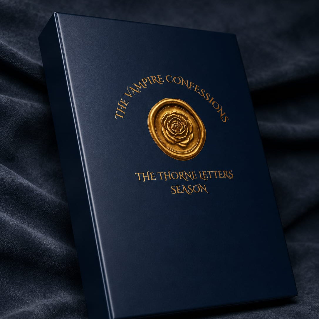 Dark blue book with gold embossed text on a dark fabric background