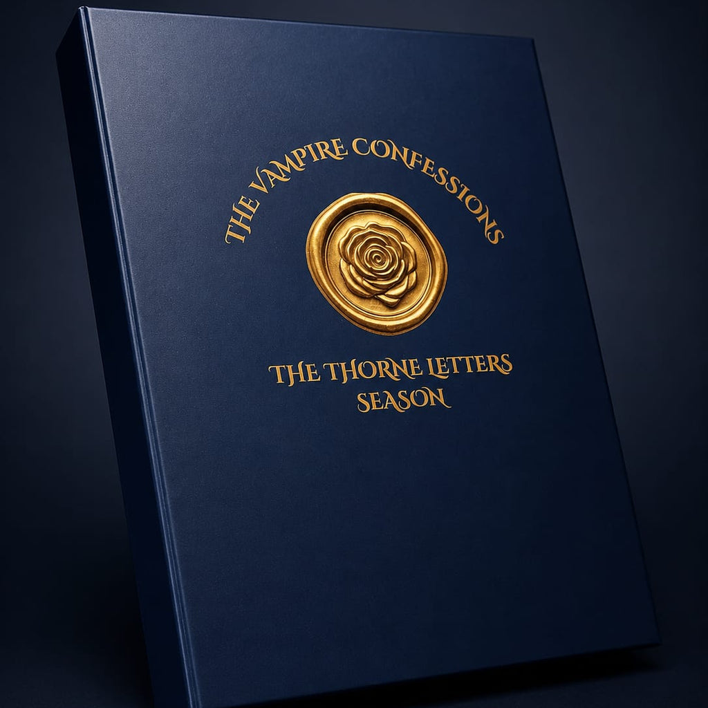 Blue book titled 'The Vampire Confessions: The Thorne Letters Season' with a gold rose emblem on a dark background