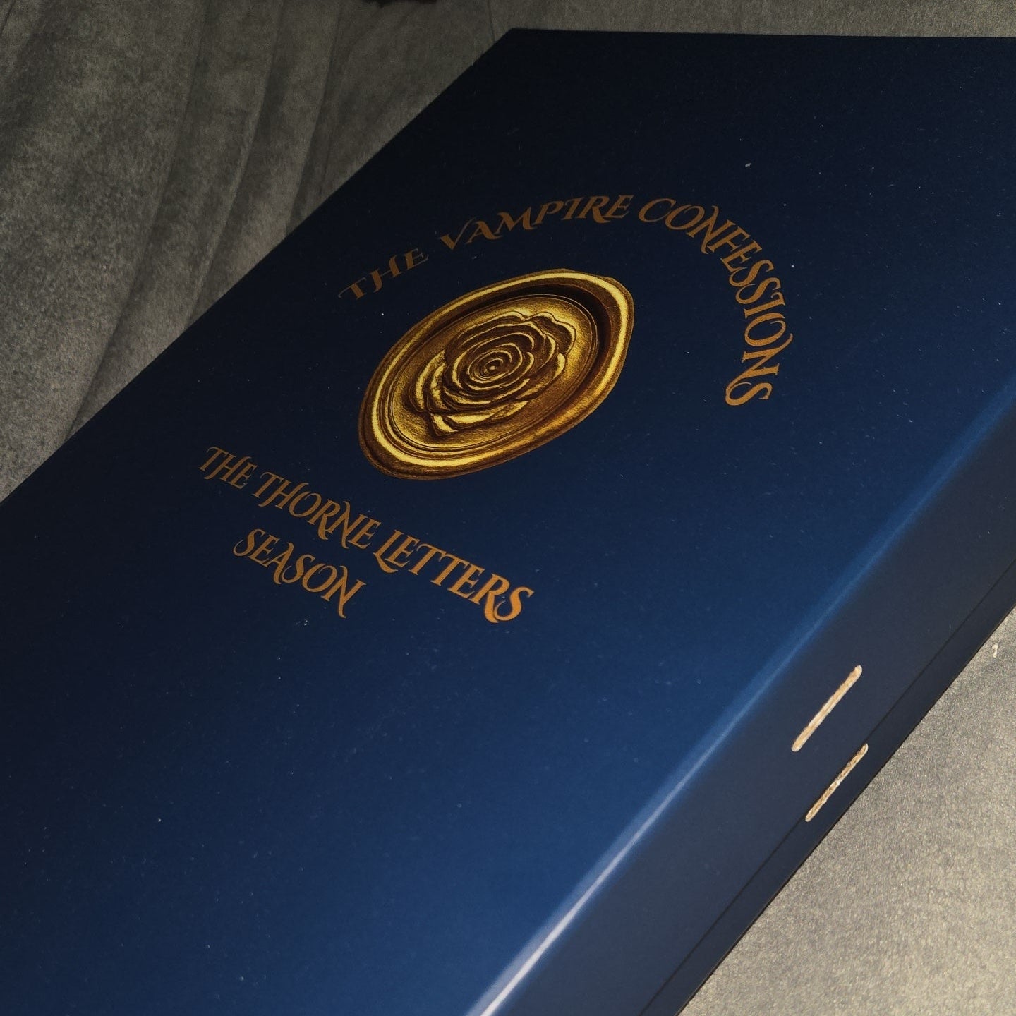 Blue book with gold embossed text on a gray surface